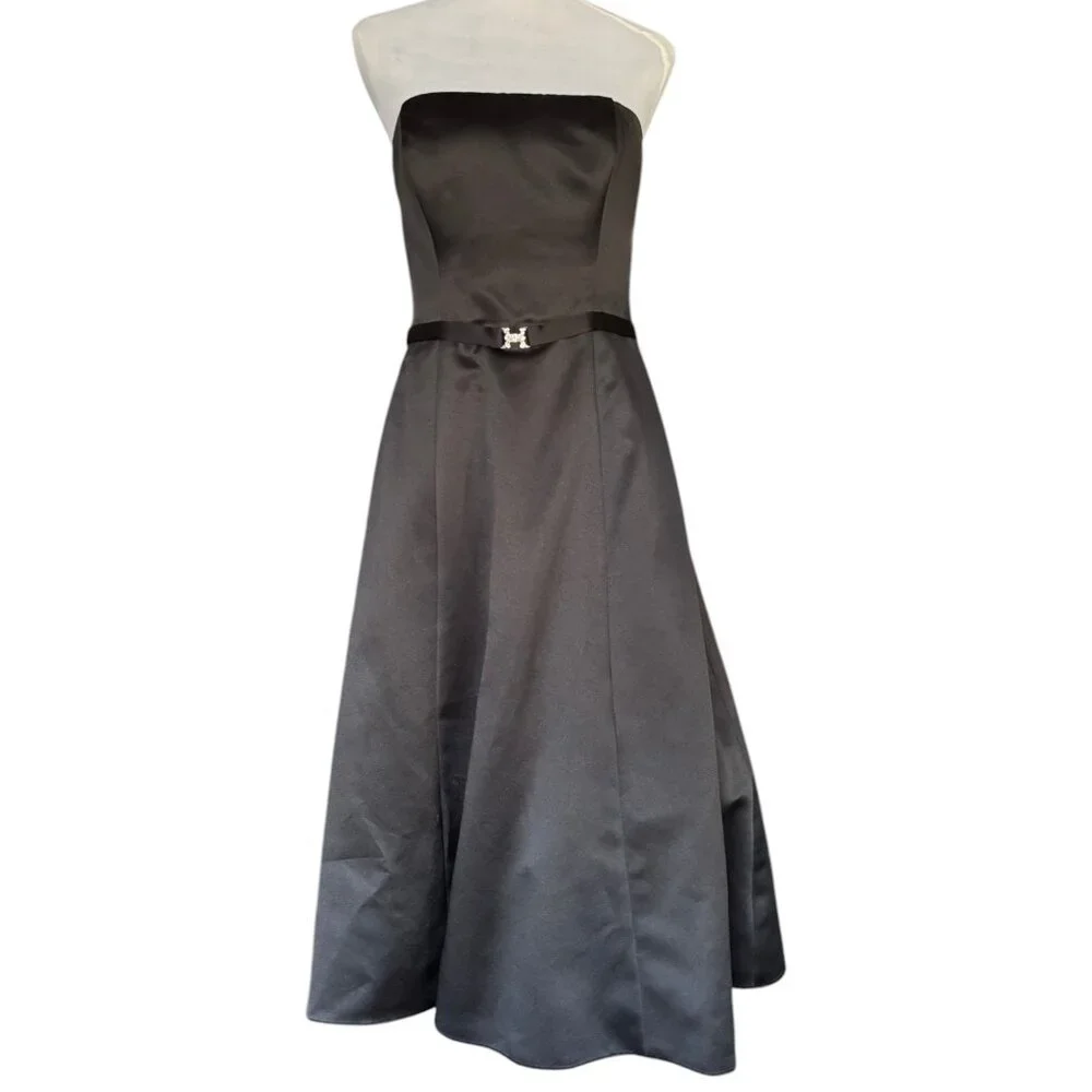 Michaelangelo black satin strapless belted tea length A-Line formal‎ dress sz 8